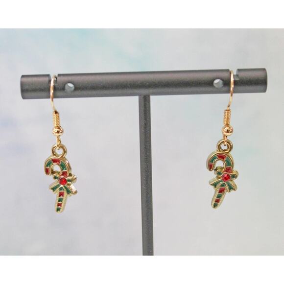 Small Candy Cane Green Red and Gold Earrings E124 - Picture 3 of 4
